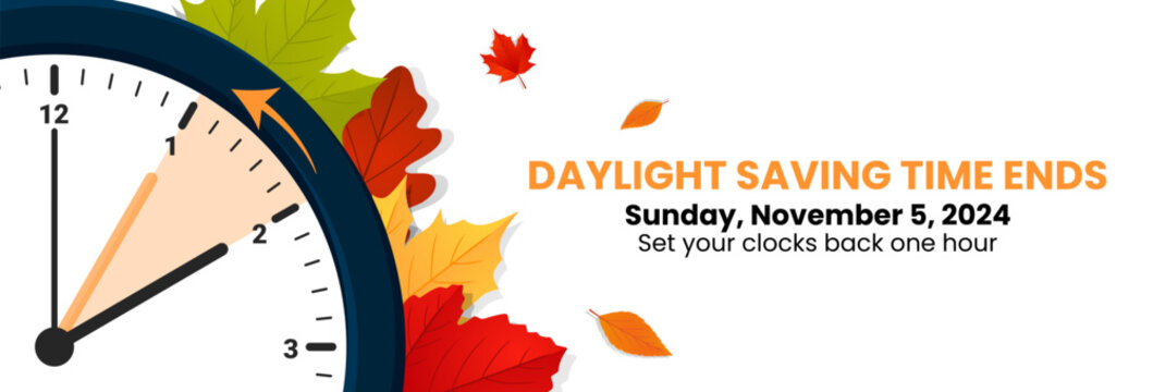 Daylight Saving Time is Over. The clock turns back one hour on November 5, 2024. Fall back concept banner. Vector illustration