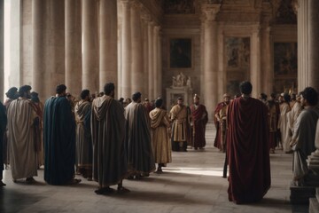 Group of People Standing in Room With Columns. Generative AI.