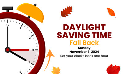 Daylight Saving Time is Over. The clock turns back one hour on November 5, 2024. Fall back concept banner. Vector illustration