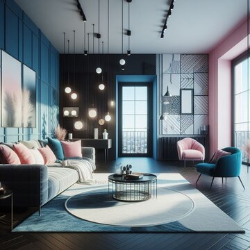 Modern Living Room With Sofa, Chair And Table With Simple Blue, White And Pink Color Combination 