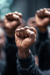 Black fists raised to the sky in solidarity - obrazy, fototapety, plakaty