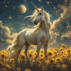 Obraz na płótnie Canvas Majestic White Unicorn Amidst Sunflowers under the Evening Sky with Moon, Stars, and Clouds