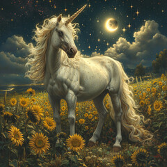 Majestic White Unicorn Amidst Sunflowers under the Evening Sky with Moon, Stars, and Clouds