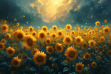 Obraz na płótnie Canvas Serene Sunflower Field Under the Evening Sky with Clouds
