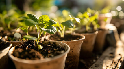 close-up of seedlings in pots on the table - obrazy, fototapety, plakaty