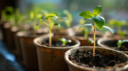 close-up of seedlings in pots on the table