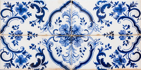 Traditional Portuguese blue tiles. Portuguese painted tin-glazed ceramic tile work Great for textures Andalusia style wall  tiles background.