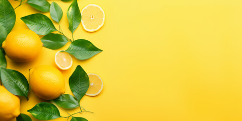 Lemons with green leaves on yellow background, flat lay. Space for text Fresh lemons with green leaves leaf yellow summer juicy healthy fresh natural fruit . - obrazy, fototapety, plakaty
