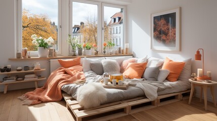 Fototapeta na wymiar A cozy Scandinavian-style small studio apartment