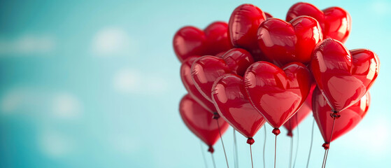 Red heart shaped balloons. Valentine's Day. Birthday card. Holidays background. Generative AI