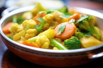 close up on chunky vegetables in thick kurma gravy