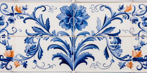 traditional tiles from façade of old house. Decorative tiles. Floral ornament. Selective focus.