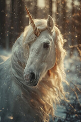 The Elegance of a White Unicorn Captured in a Winter Portrait Amidst the Snowflakes and Enchanted Woods