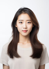 Young korean woman. Professional studio portrait photograph isolated on white background. Girl from asian decent.