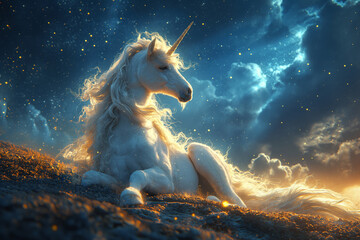 Obraz na płótnie Canvas A White Unicorn Rests Under the Night Sky, Surrounded by Stars, Clouds, and the Magic of Fantasy