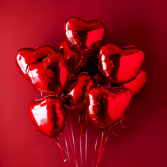 Red heart shaped balloons on a red background. Valentine's Day. Birthday card. Holidays background. Generative AI