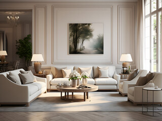 An elegant living room with beige sofas and chair