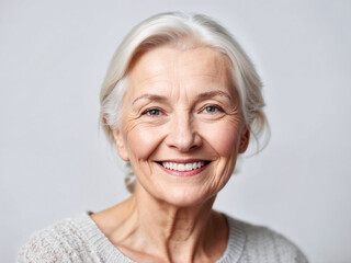 Fototapeta premium AI generated illustration of a beautiful, elegant elderly woman's portrait against a gray background