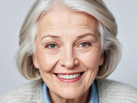 AI generated illustration of a beautiful, elegant elderly woman's portrait against a gray background