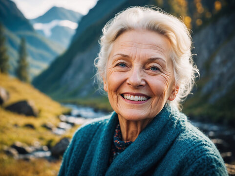 AI generated illustration of a portrait of a beautiful, elegant elderly woman in a field