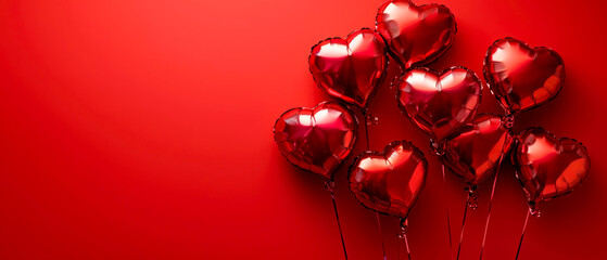 Red heart shaped balloons on a red background. Valentine's Day. Birthday card. Holidays background. Generative AI