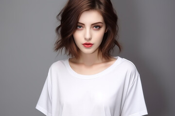 Fototapeta premium Woman in White Tshirt Mockup created with Generative AI