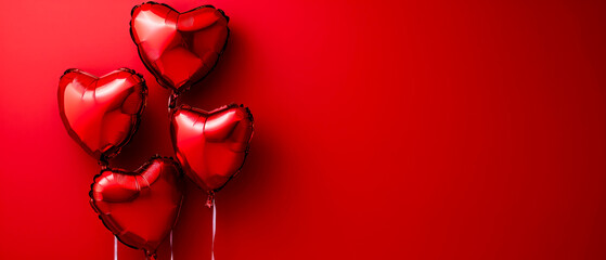 Red heart shaped balloons on a red background. Valentine's Day. Birthday card. Holidays background. Generative AI