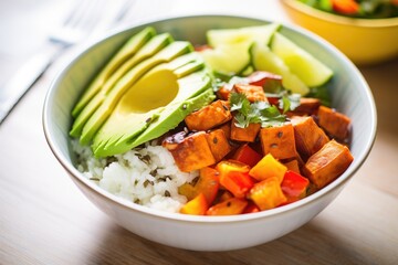 veggie burrito bowl with a mix of sweet potatoes
