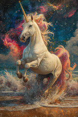 White Unicorn Galloping Along the Cosmic Shore Sparkling Waters