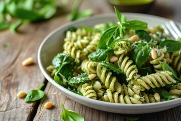 Italian pasta salad with pesto regato cheese and spinach