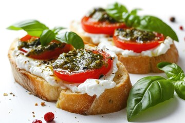 Delicious bruschetta with cream cheese pesto and basil on a white background