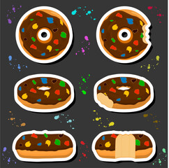 Illustration on theme big set different types sticky donuts, sweet doughnuts various size