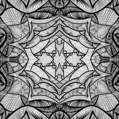 Seamless mandela background. Handmade drawing nature ethnic fabric backdrop pattern with saturated dark mandela. Textile design texture. Decorative binary monochrome black and white art. Illustration.