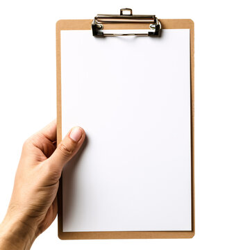 a man hand-holding a clipboard with blank white paper, or notepad, isolated on a transparent background