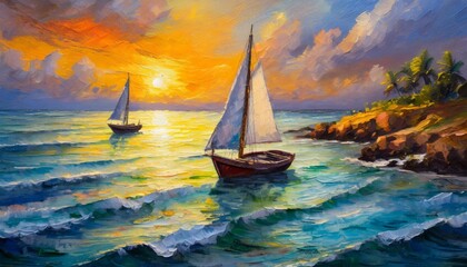 an original oil painting on canvas depicting a scene where boats gently sail into the twilight of a coastal sunset. Infuse the canvas with a soft, ethereal glow, emphasizing the quiet beauty of the mo