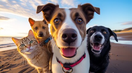 best friends cats and dogs taking selfie shots at the beach