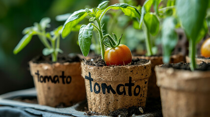 tomato seedlings in pots close-up