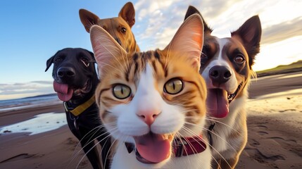 Fototapeta premium best friends cats and dogs taking selfie shots at the beach
