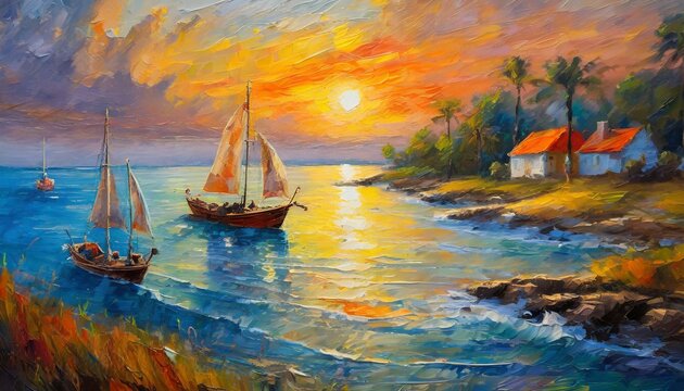 boat at sunset.an original oil painting on canvas depicting a scene where boats gently sail into the twilight of a coastal sunset. Infuse the canvas with a soft, ethereal glow, emphasizing the quiet b
