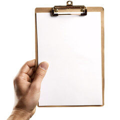 a man hand-holding a clipboard with blank white paper, or notepad, isolated on a transparent background