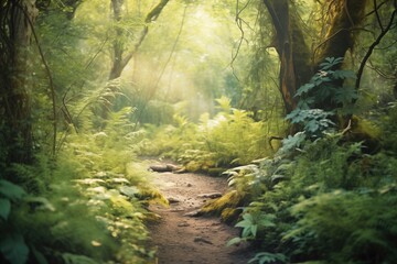 Fototapeta premium a path lined with green shrubs in a dense forest setting