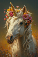 White Unicorn with Floral Crown on Meadow of Blooms