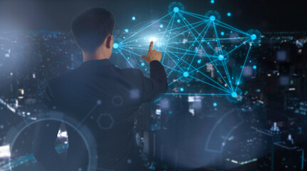 future network concept Hand touching the Metaverse Universe, A Conceptual Shift in Digital Transformation for Next-Generation Technology.