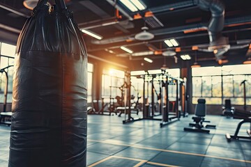 Fototapeta premium Fitness center with a boxing sandbag modern gym with equipment sport boxer training for burn calories
