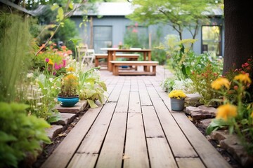 Fototapeta na wymiar wooden plank pathway through a garden