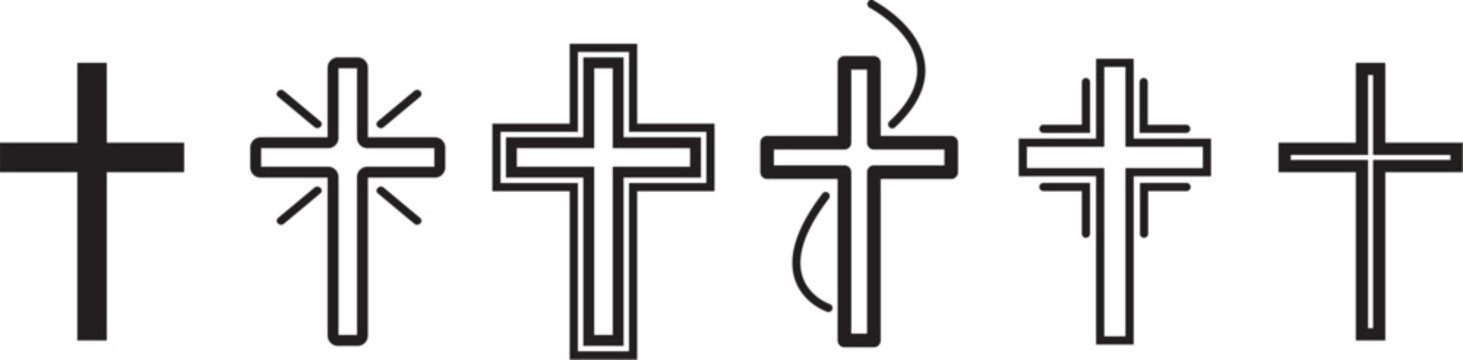 Set of Christian Cross isolated on white. Abstract vector bible cross icons isolated. Vector clip art illustration. Collection black Christian Crosses