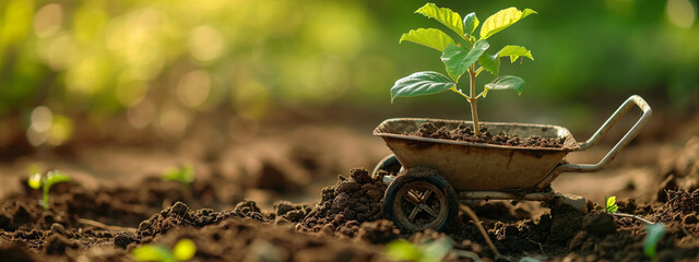 the concept of planting a tree, a tree in a wheelbarrow, nature - obrazy, fototapety, plakaty