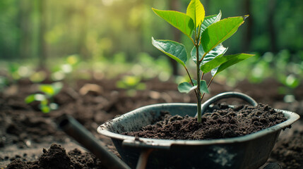 the concept of planting a tree, a tree in a wheelbarrow, nature