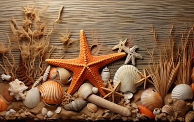 Fototapeta na wymiar Coquillages et étoiles de mer sur un fond en bois