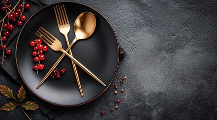 Assiette avec cuillère et fourchettes avec des baies sur un fond noir en ardoise, image avec espace pour texte - obrazy, fototapety, plakaty